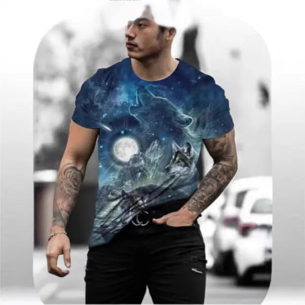 Men's short-sleeved T-shirt with retro 3D animal digital print on thin bird eye cloth polyester fabric