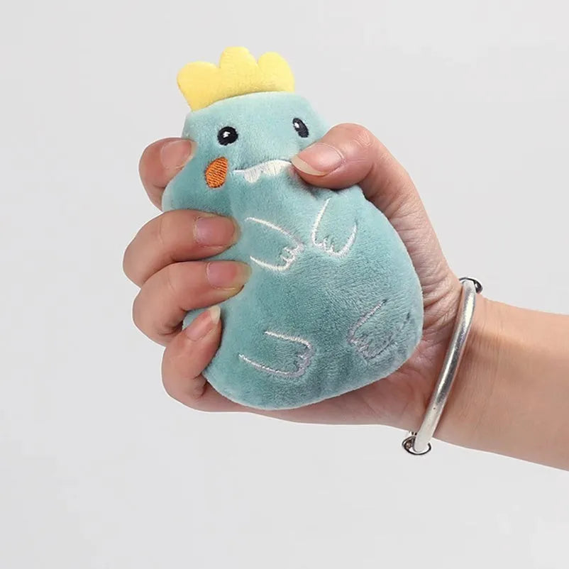 Plush catnip chewing toy for teeth grinding with vocal sounds, shown in assorted colours