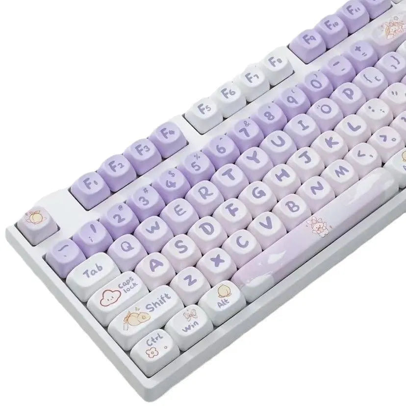 Set of PBT plastic key caps with a gradient purple and white rabbit character design for mechanical keyboards.