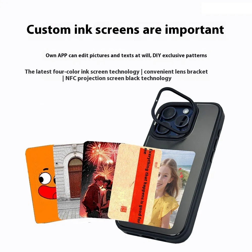 NFC projection screen phone case with stand bracket in graphite black, pink, or green for Apple iPhone.