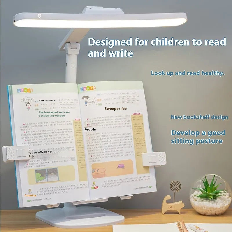 Adjustable reading bookshelf lamp with three colour temperature settings on a desk