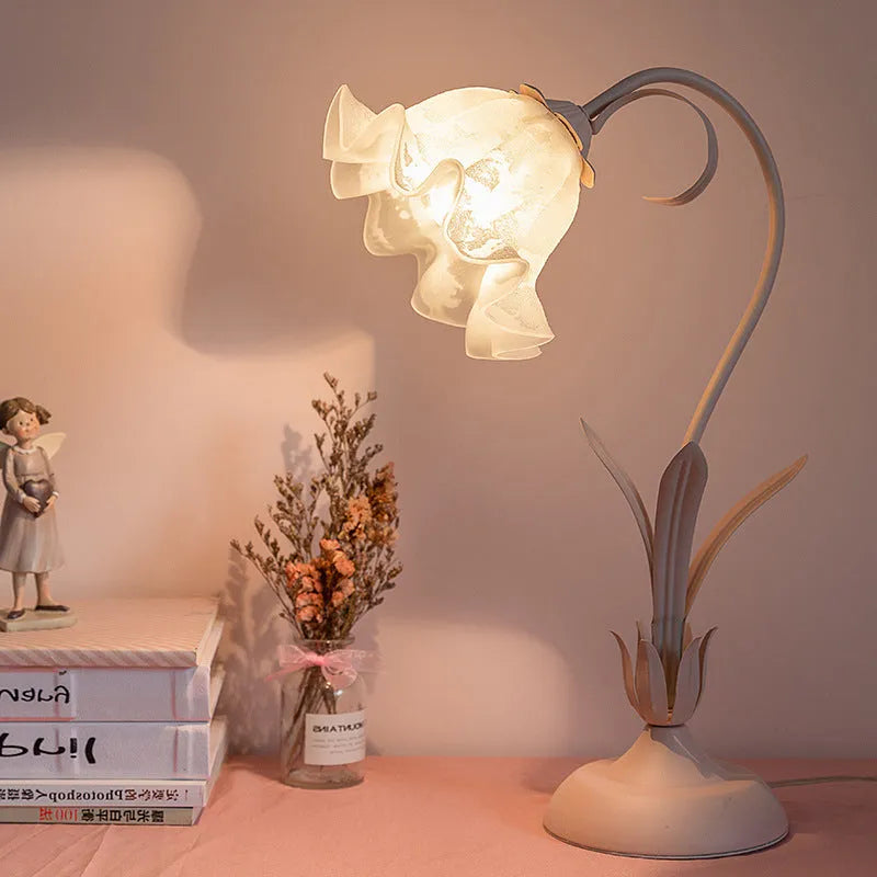 Pink flower princess desk lamp, 52cm high, glass shade, ceramic flowers, iron body, European style