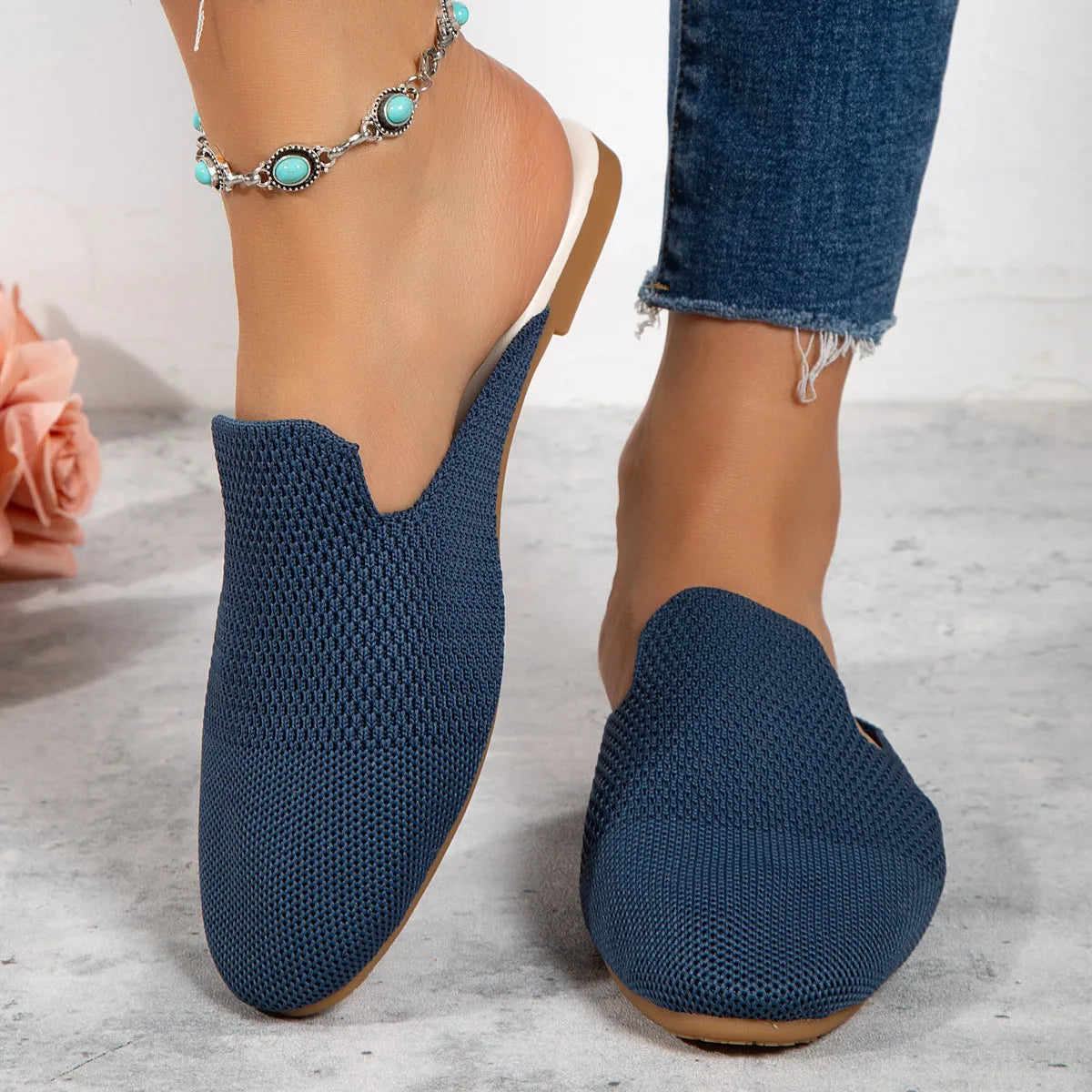 Mesh slip-on sandals in apricot, blue, and green colours with cloth upper and rubber sole