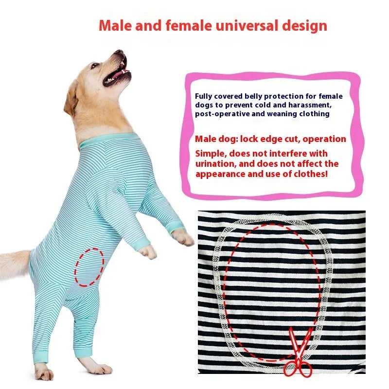 A striped four-legged shirt for a dog, shown in sky blue, black with dark blue stripes, or brown.