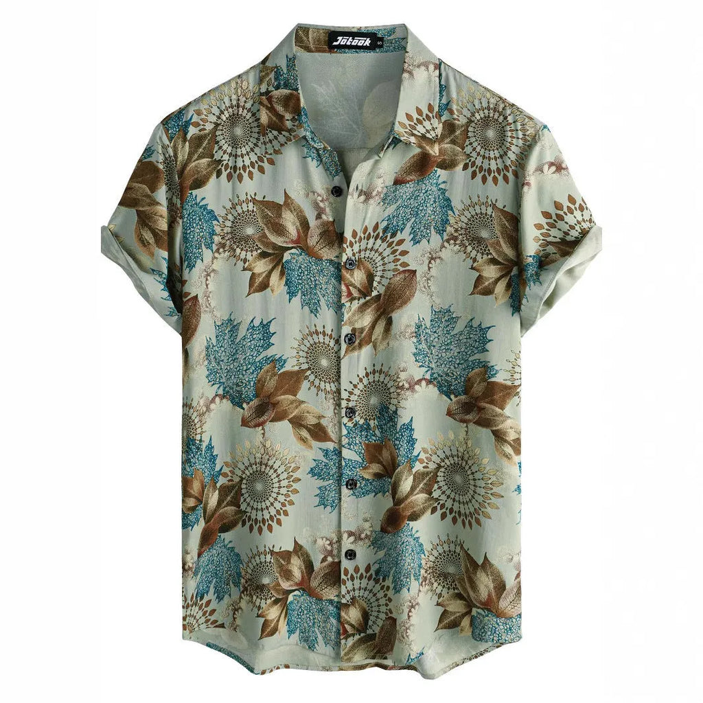 Men's Hawaiian print short sleeve shirt with lapel collar in floral pattern digital printed on elastic polyester fabric