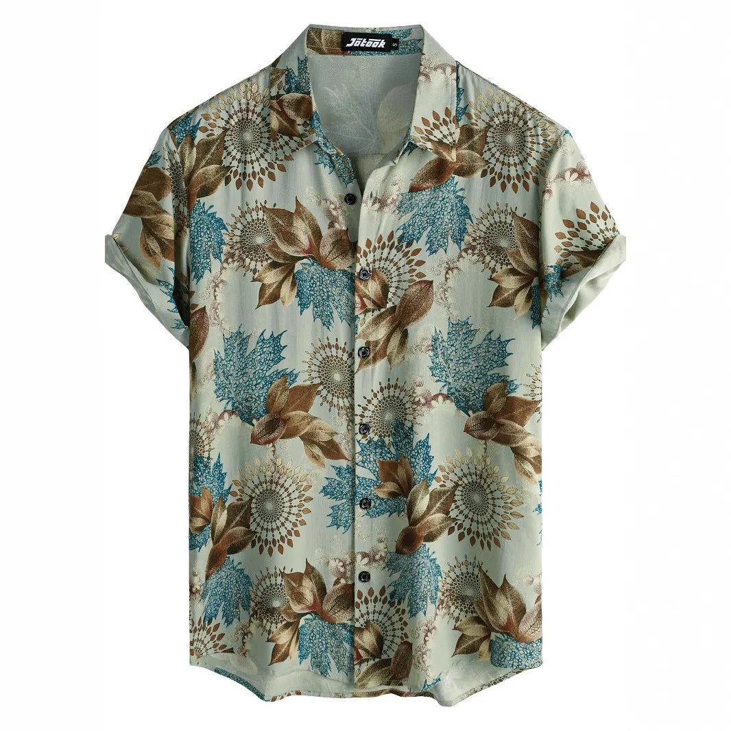 Men's Hawaiian print short sleeve shirt with lapel collar in floral pattern digital printed on elastic polyester fabric