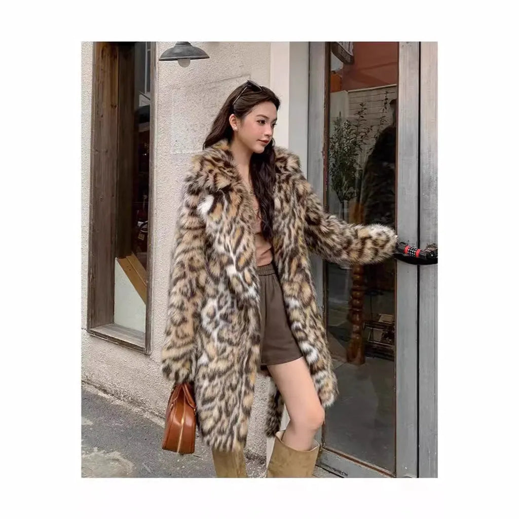 Women's faux fur coat with fox fur collar in mid-length or long 80cm style