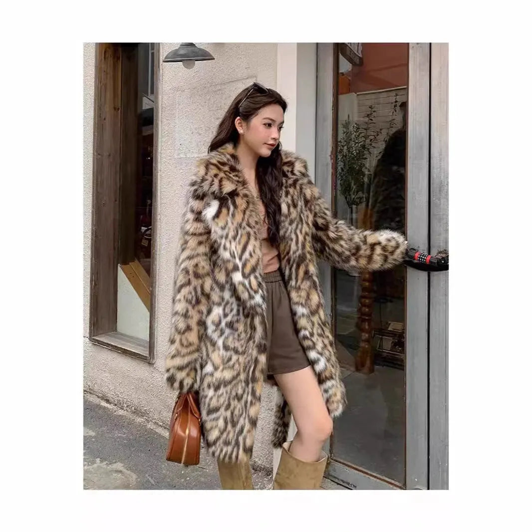 Women's faux fur coat with fox fur collar in mid-length or long 80cm style