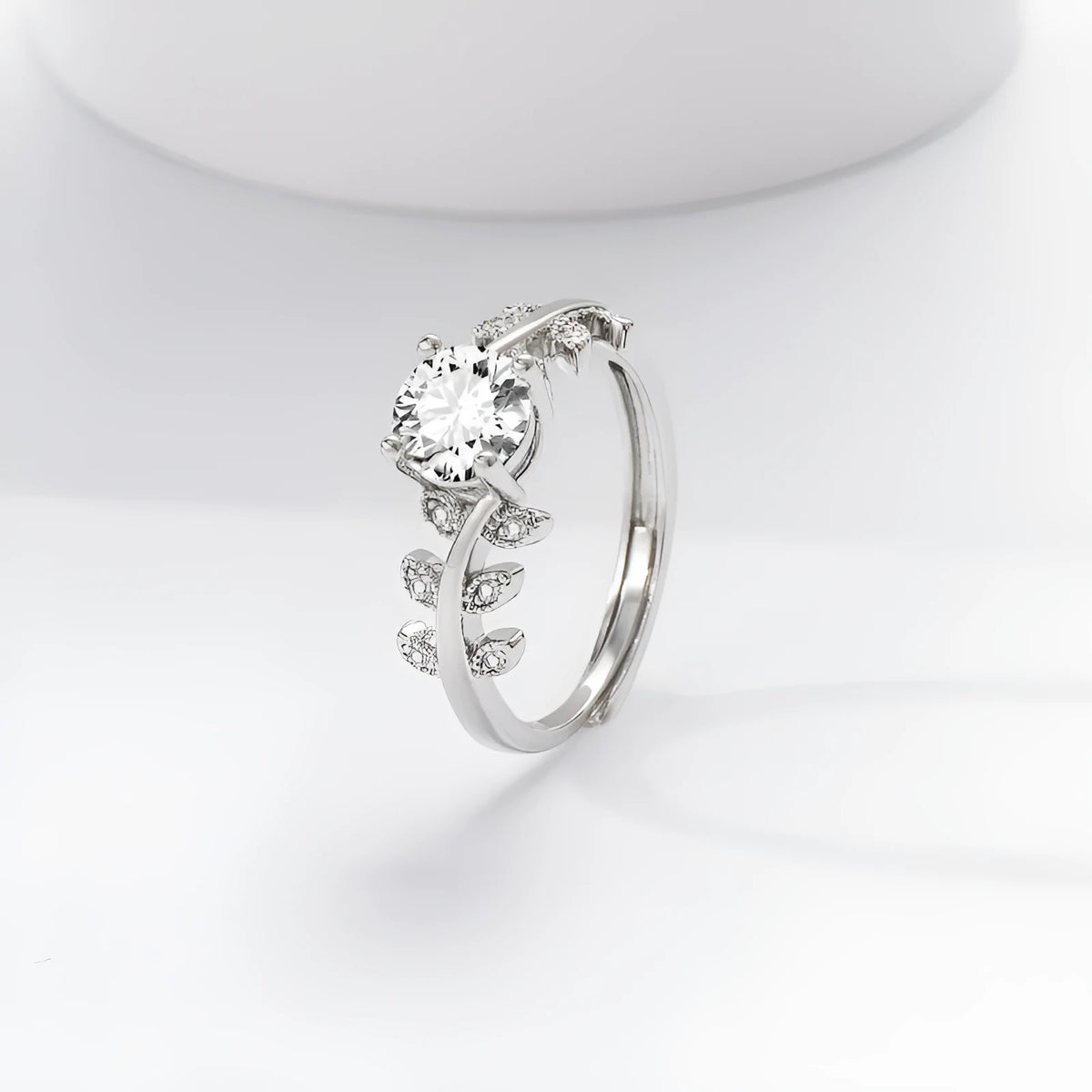 1 carat leaf ring for women, white gold colour electroplated copper, adjustable open band
