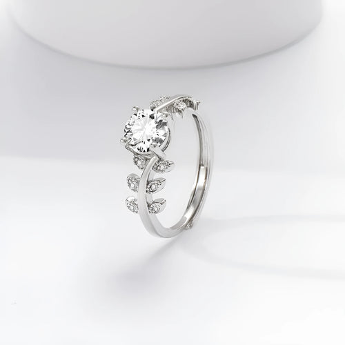 1 carat leaf ring for women, white gold colour electroplated copper, adjustable open band