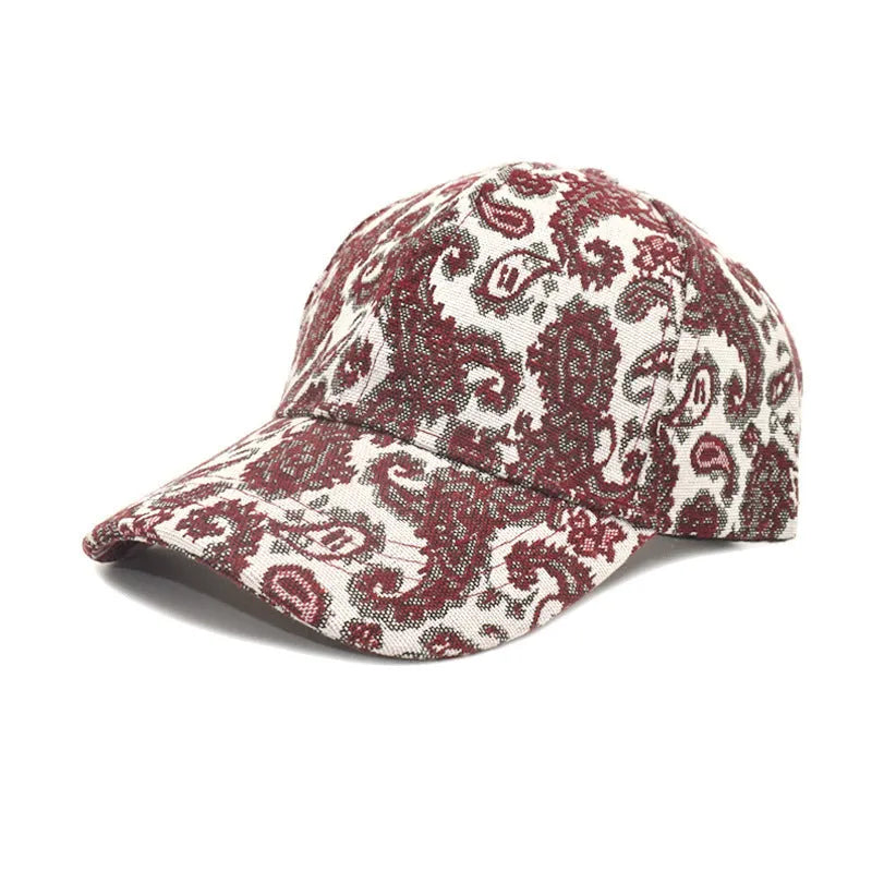 Polyester baseball cap with paisley print in black, blue, or wine red, size M for 56-58cm head.