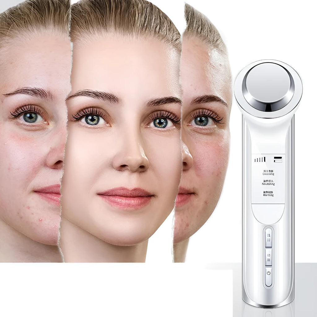 Facial cleansing instrument in pink or white, USB rechargeable, 168x46x45mm, 120g, with blackhead removal and massage functions.
