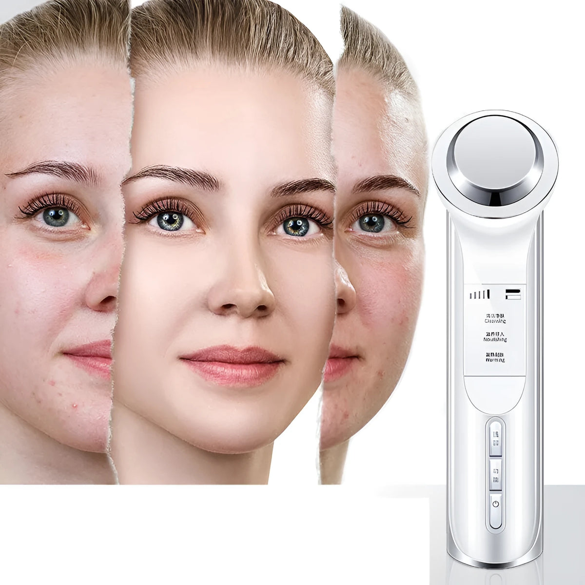 Facial cleansing instrument in pink or white, USB rechargeable, 168x46x45mm, 120g, with blackhead removal and massage functions.