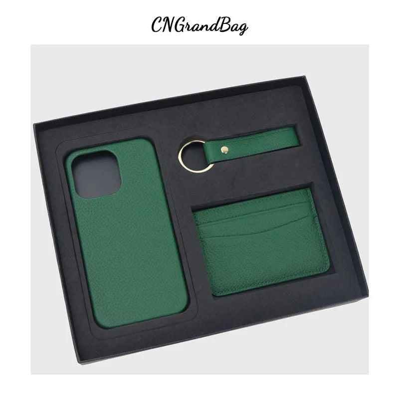 Genuine leather iPhone case gift set with matching keychain and card holder in a selected colour