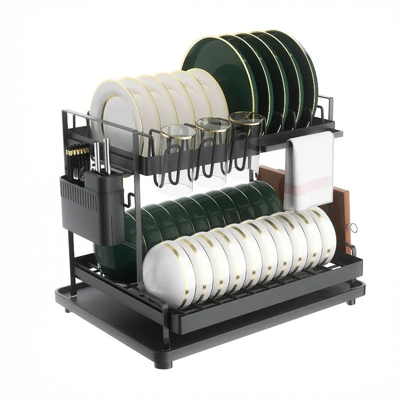 White double-tier metal kitchen storage rack holding pots and pans.