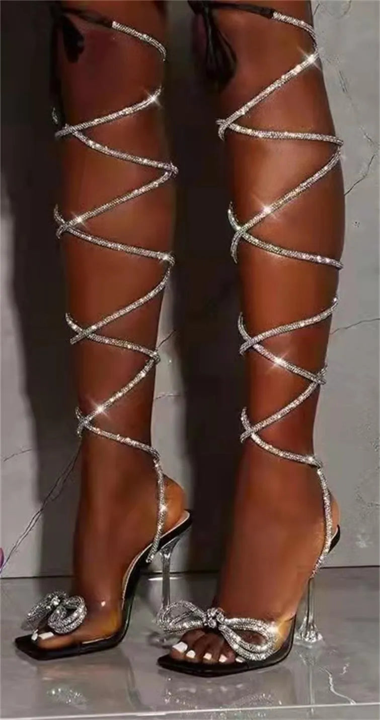 Plus size women's strappy sandals with rhinestone Roman straps and square toe