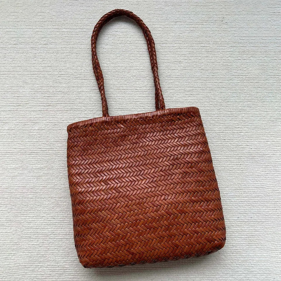 Brown handmade cowhide leather woven tote bag with three-dimensional pockets