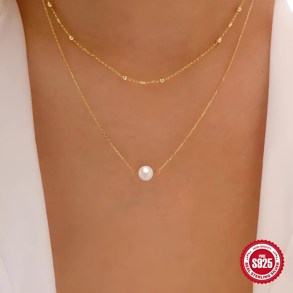 S925 sterling silver double-layer necklace for women with twin pearls on a ball bead chain in gold colour.