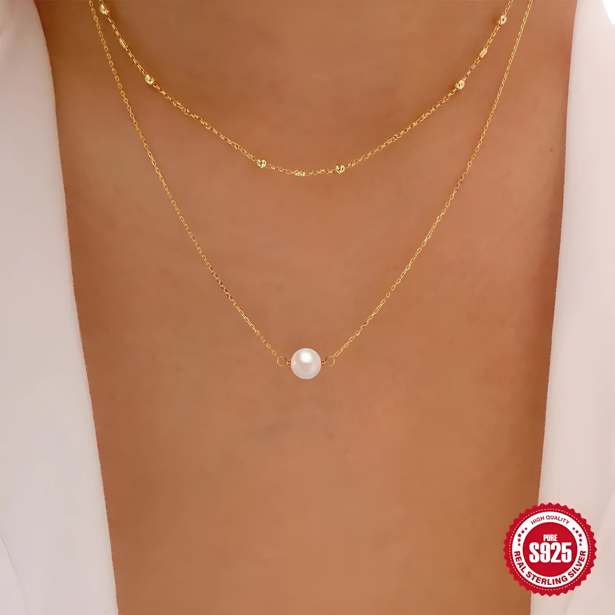 S925 sterling silver double-layer necklace for women with twin pearls on a ball bead chain in gold colour.