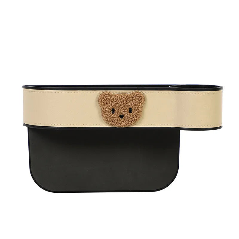 Leather car seat gap storage box with cartoon bear design in black and rice bear colours.