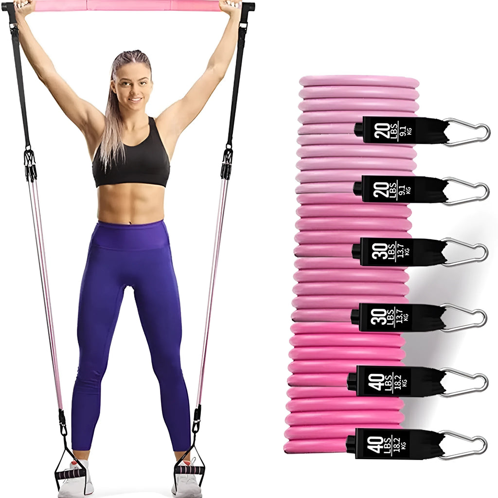 Yoga gymnastic bar with pink 180lb reinforced resistance band set for fitness training