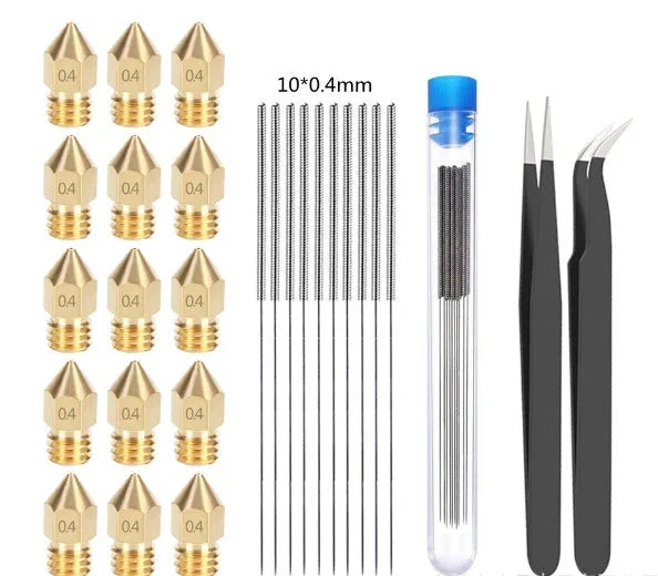 MK8 brass nozzle and stainless steel cleaning pin kit for Creality 3D printers.