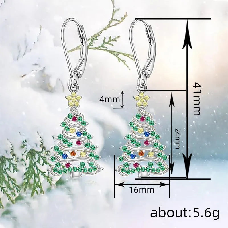 Women's Christmas tree earrings with star design in white gold colour on copper
