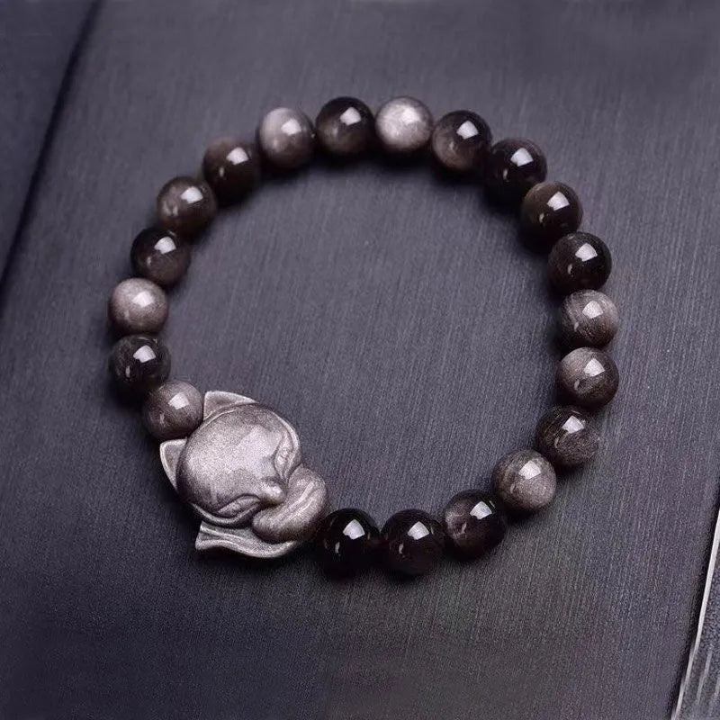 Obsidian bracelet with 8mm fox charm on single ring, polished stone finish