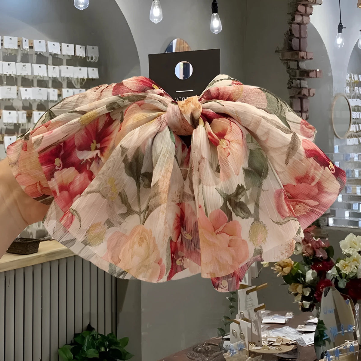 Floral bow chiffon tulle hair band in pink or navy blue for women, retro style cloth hair accessory