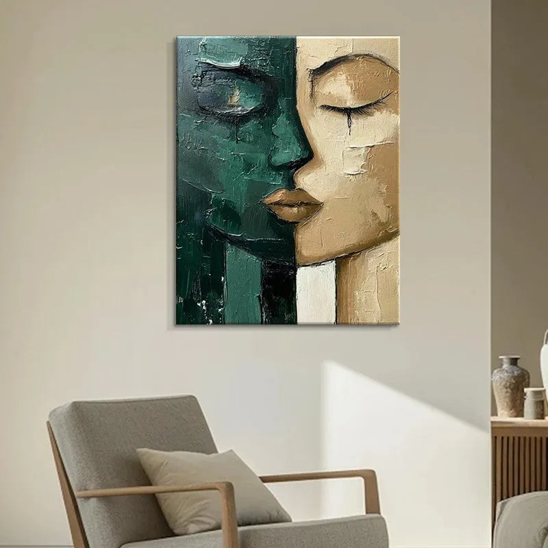Hand-painted oil painting on canvas, green and beige face, modern vertical one-panel wall art without frame