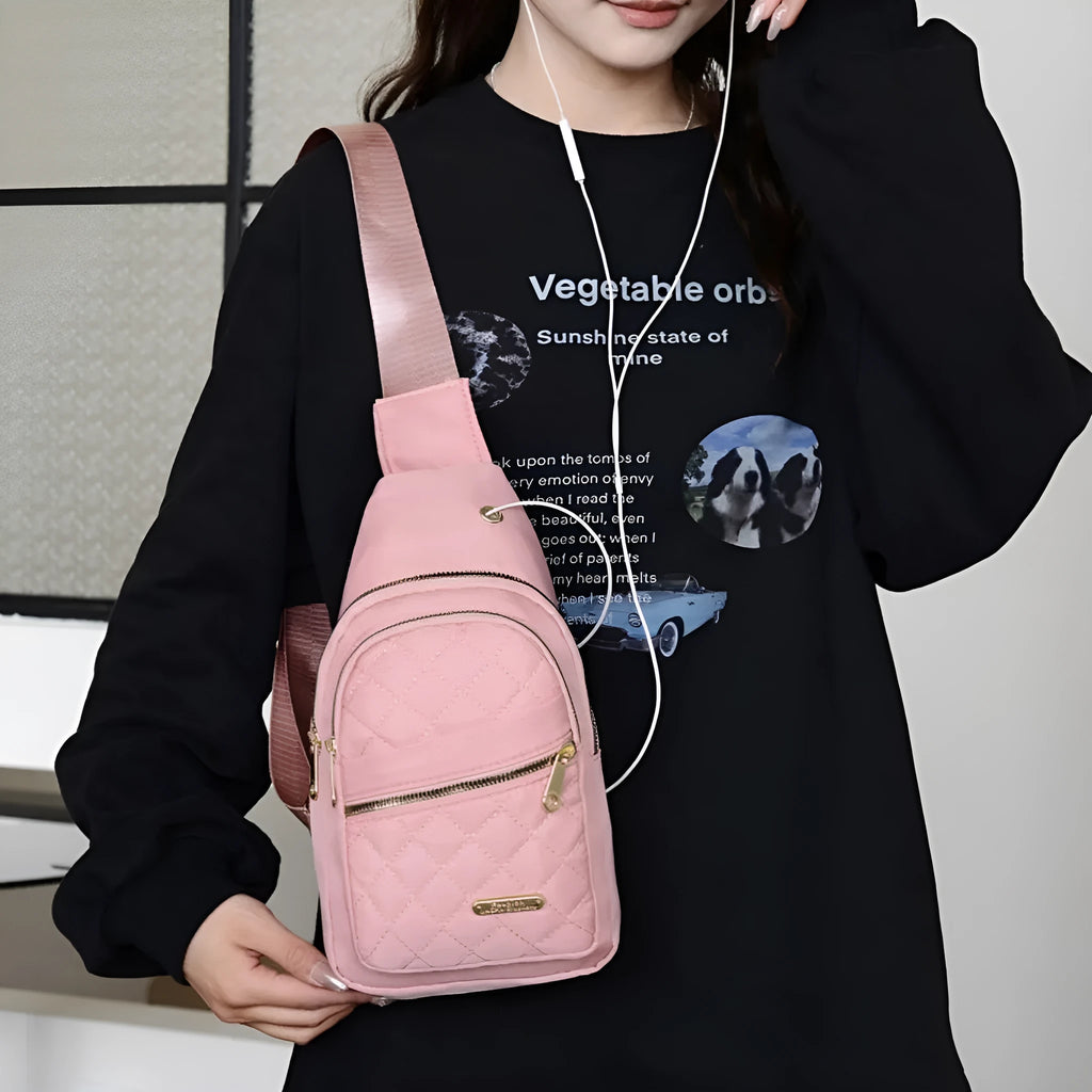 Girls' crossbody sports chest bag in Oxford cloth with plaid design, shown in a dark blue colour.