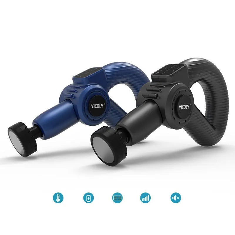 Black smart muscle massage gun with multiple massage heads for hot and ice compress therapy