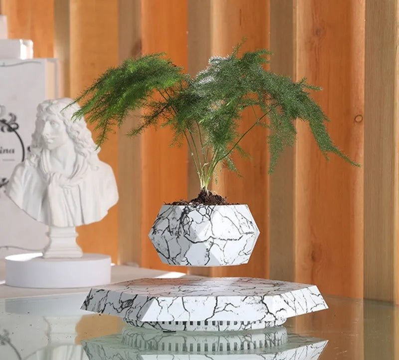 Magnetic levitating plant pot floating in mid-air with marbling colour design