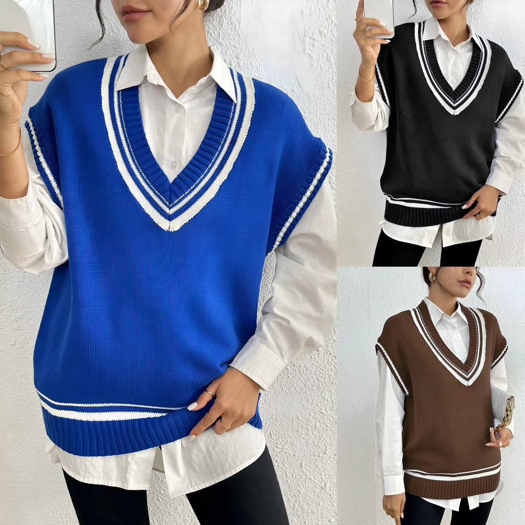 Women's blue college style acrylic polyester vest sweater with loose fit design