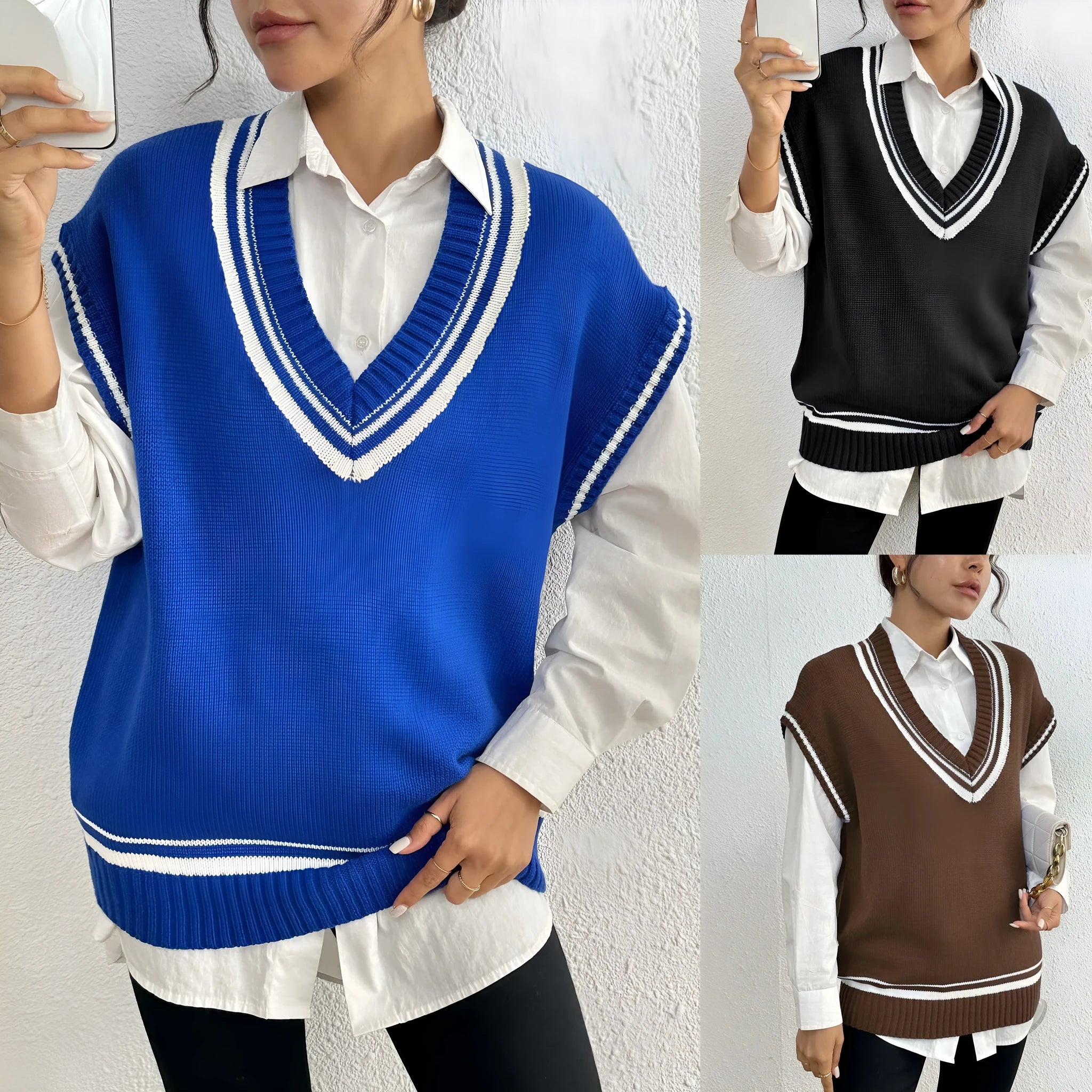 Women's blue college style acrylic polyester vest sweater with loose fit design
