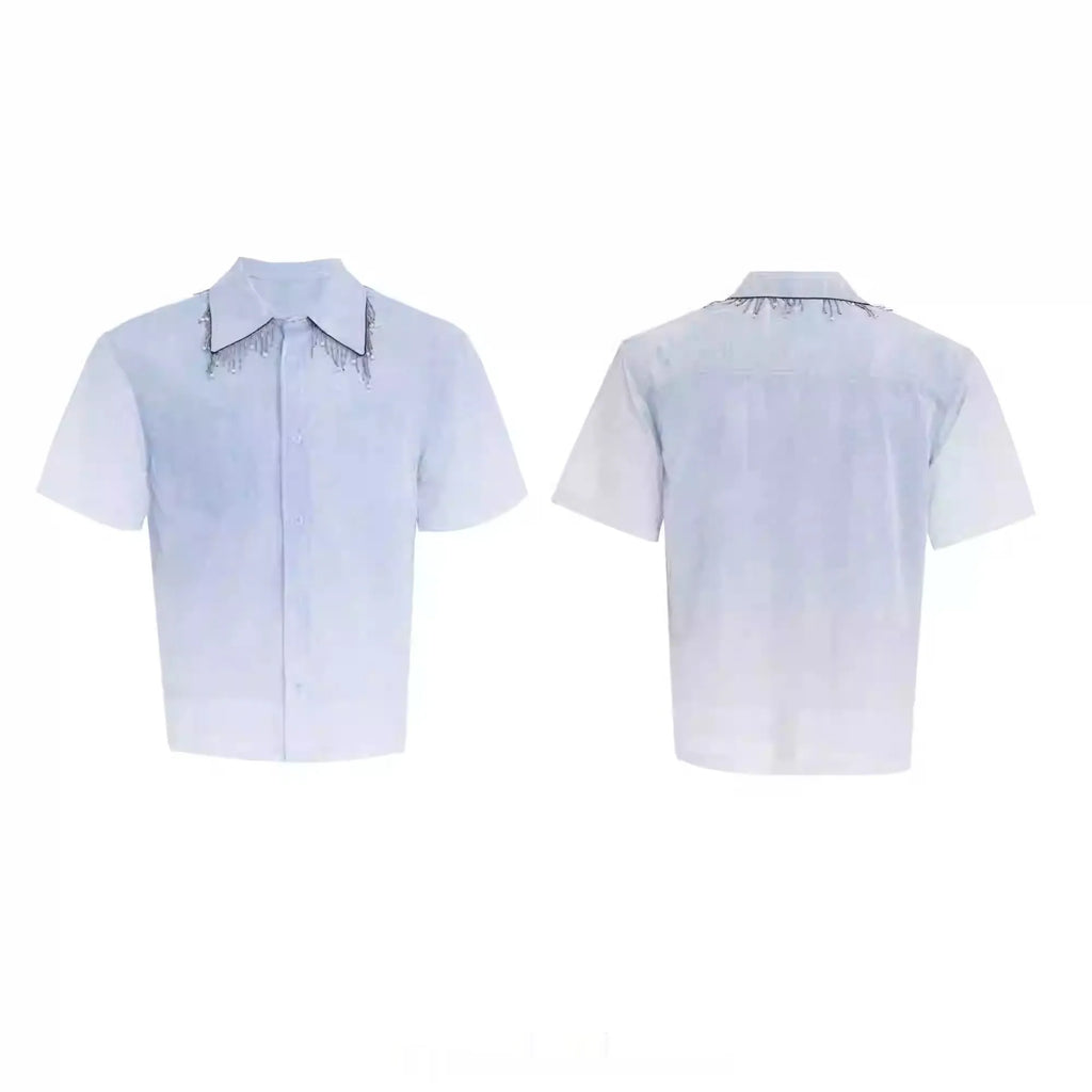 Men's loose fit blue gradient short sleeve casual shirt on a hanger