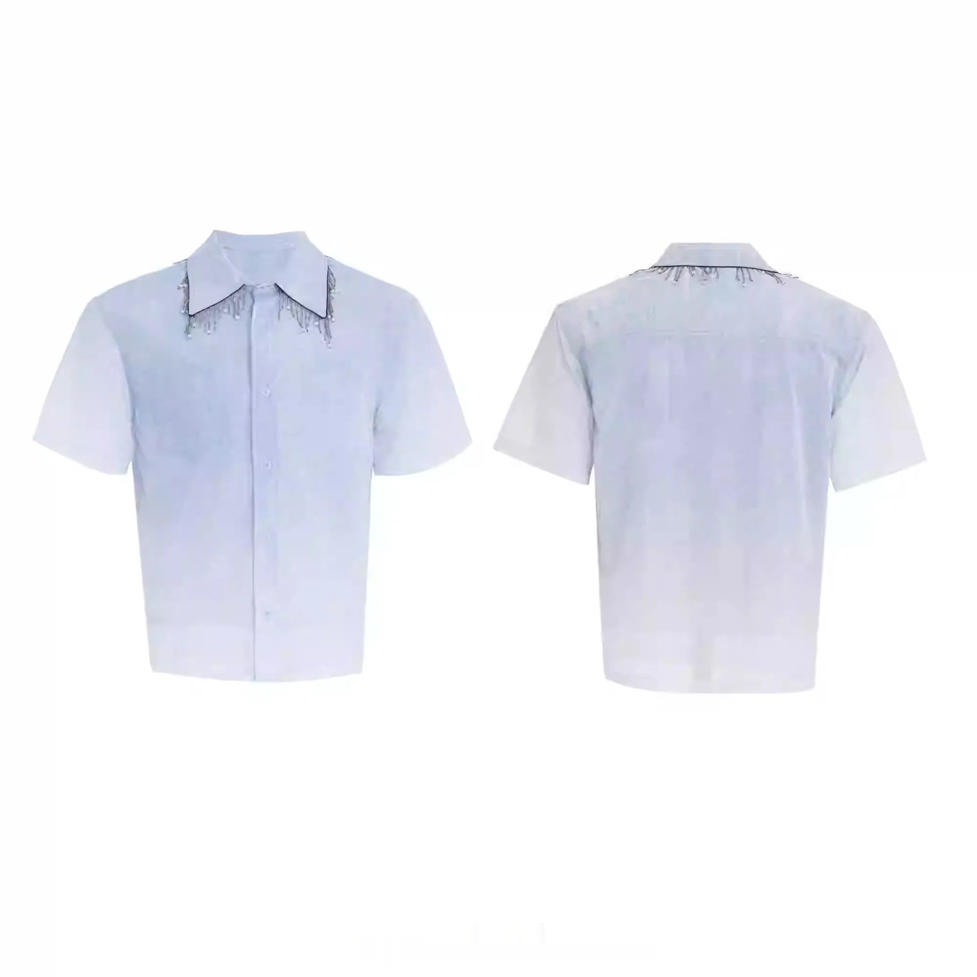 Men's loose fit blue gradient short sleeve casual shirt on a hanger