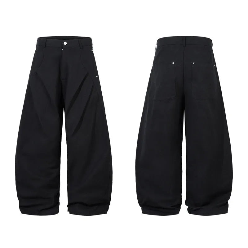 Men's black pleated machete casual trousers with loose-fitting wide-leg design