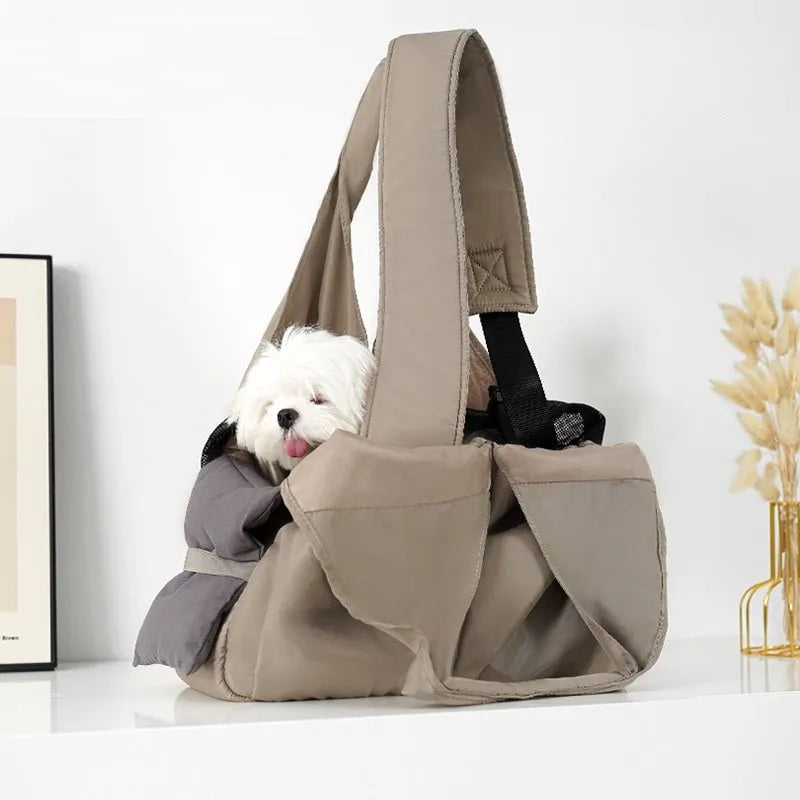 Apricot cloth pet handbag with dimensions 41 x 16 x 28 cm for summer outdoor use