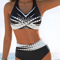 Women's two-piece bikini swimsuit with halter neck, high chest and contrast colour layered top, sizes S-XXL