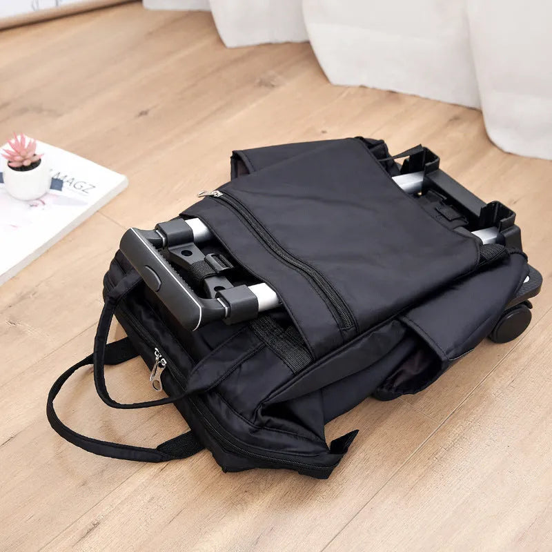 Folding Oxford cloth travel bag with soft handle and pull rod, shown in black, dark blue, wine red, purple, rose red and army green
