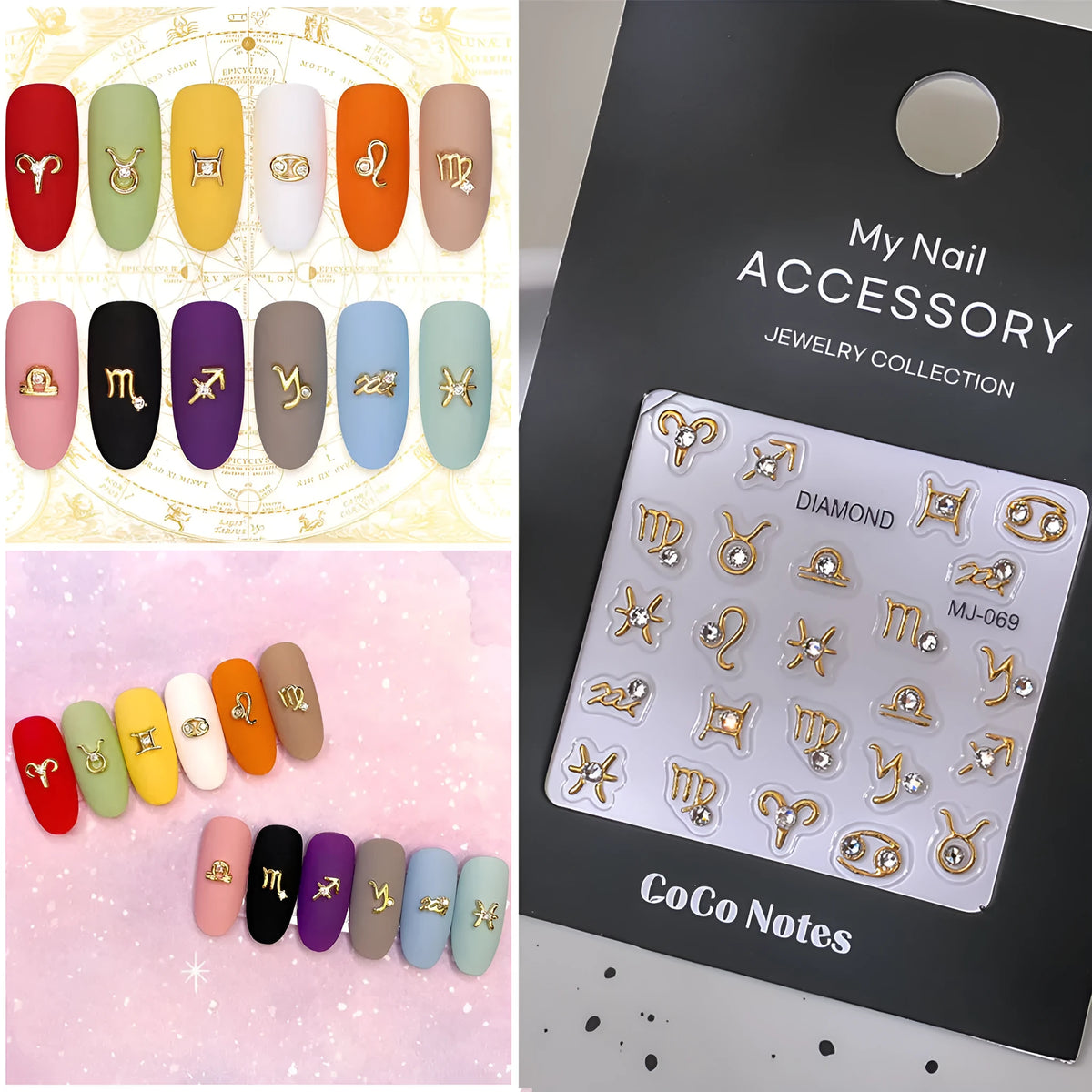 Embossed constellation relief nail sticker in MJ069 Gilding or MJ069 Hot Silver, ultra-thin seamless adhesive design.