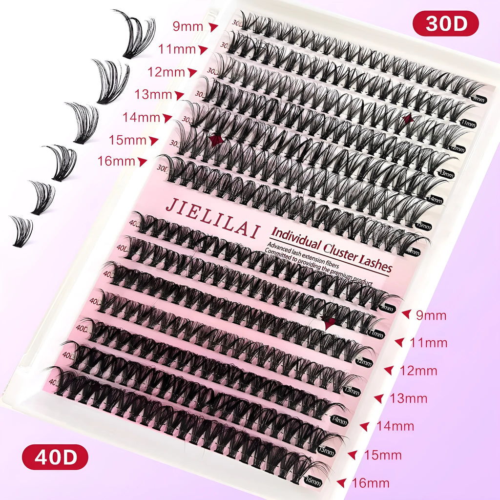 Mixed package of DIY cluster false eyelashes in 30D and 40D densities with application tweezers