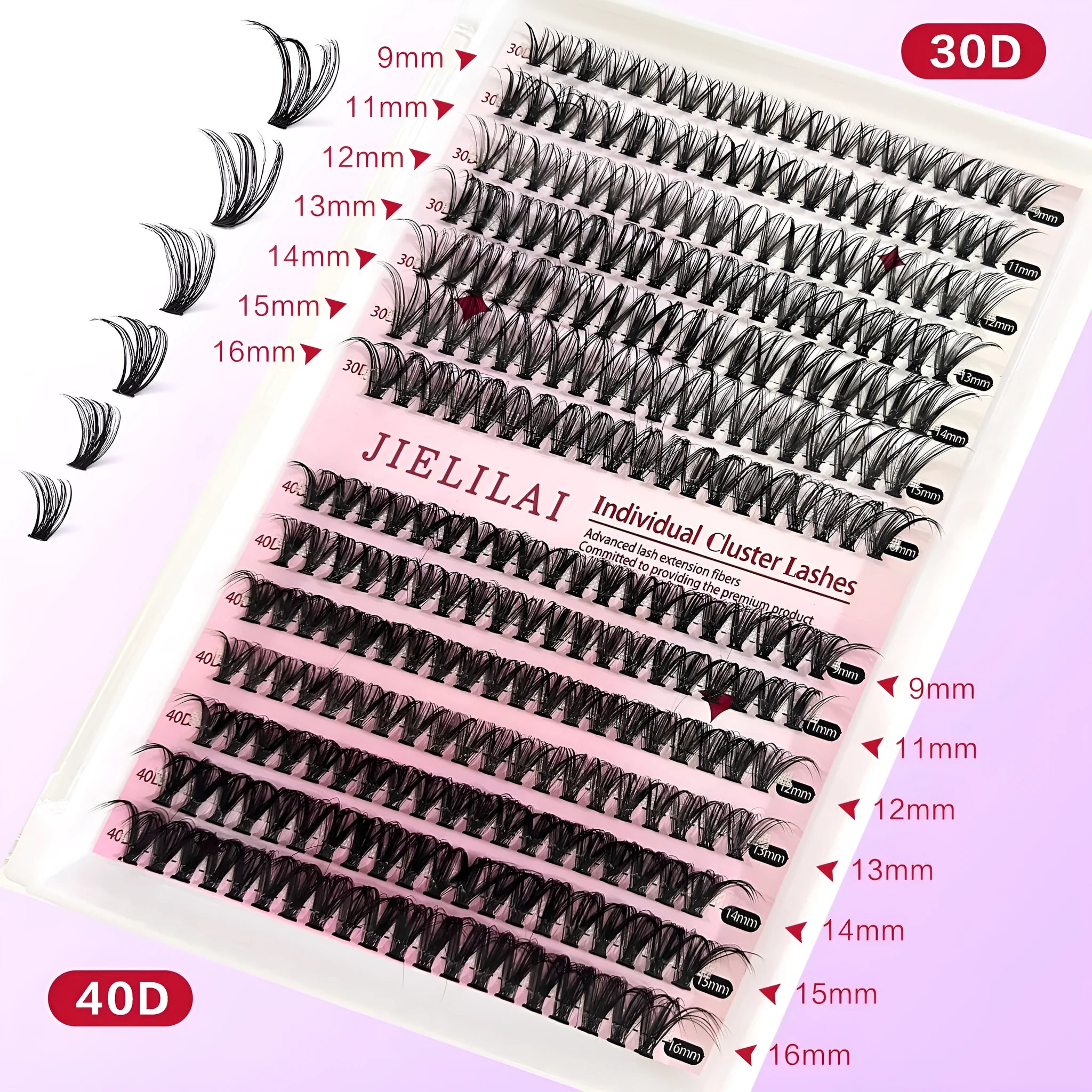 Mixed package of DIY cluster false eyelashes in 30D and 40D densities with application tweezers
