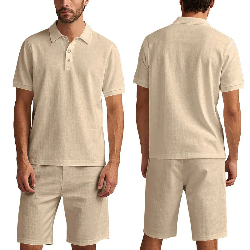 Men's light grey linen blend short sleeve top and shorts summer suit set on a hanger.