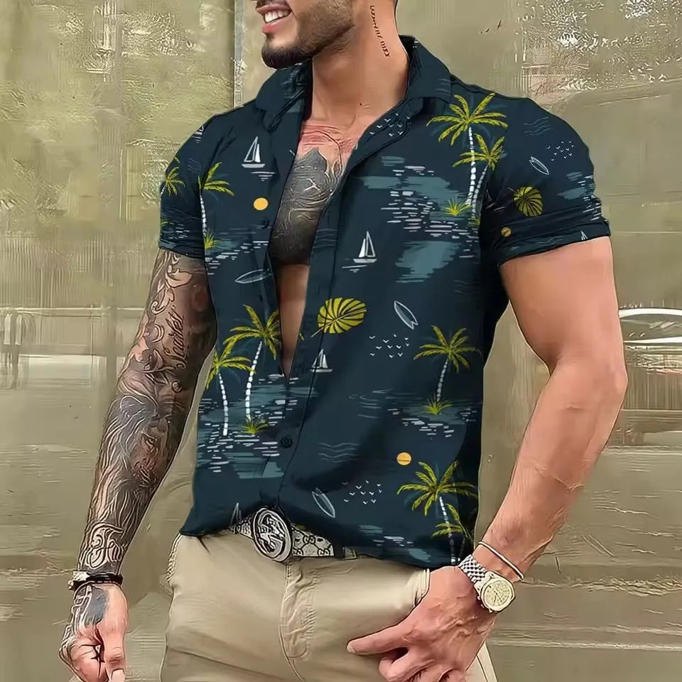 Men's loose fit floral printed polyester cardigan shirt with short sleeves for summer beachwear