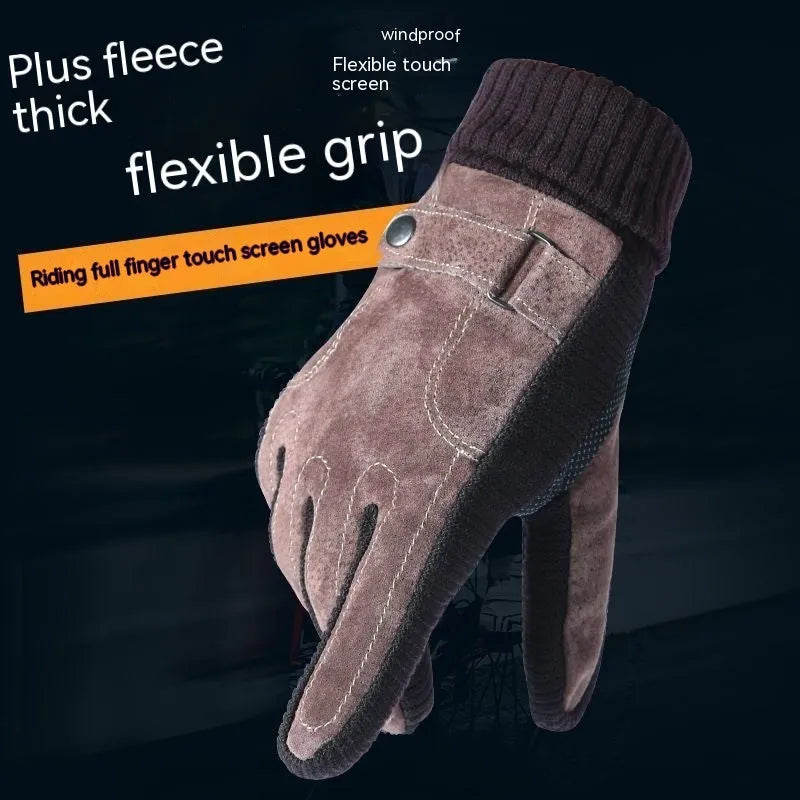 Men's warm genuine pigskin leather touch screen gloves in brown with fleece lining
