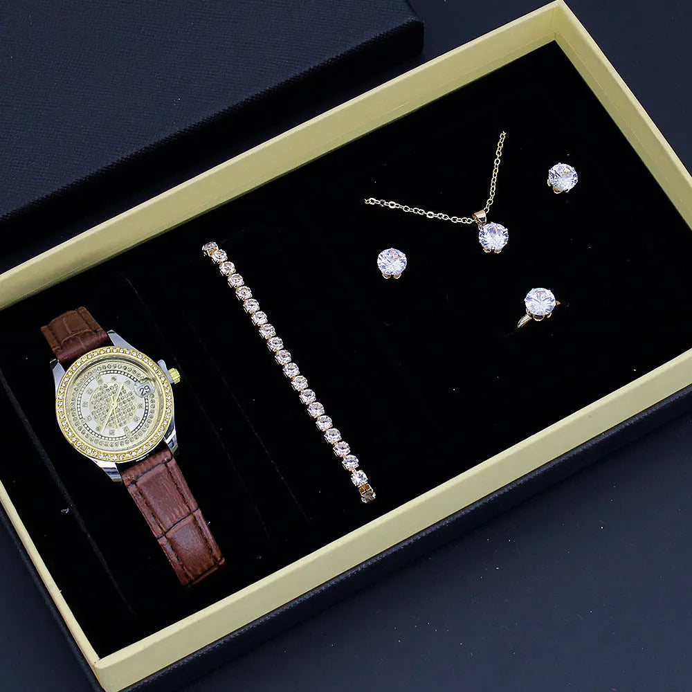 Ladies watch jewellery set gift box with white face white strap watch, bracelet, necklace, stud earrings, and ring