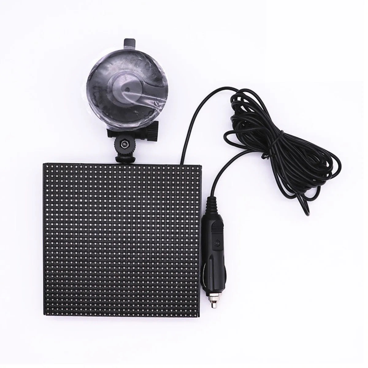 Square LED car display screen with aluminium frame for wireless Bluetooth content updates.