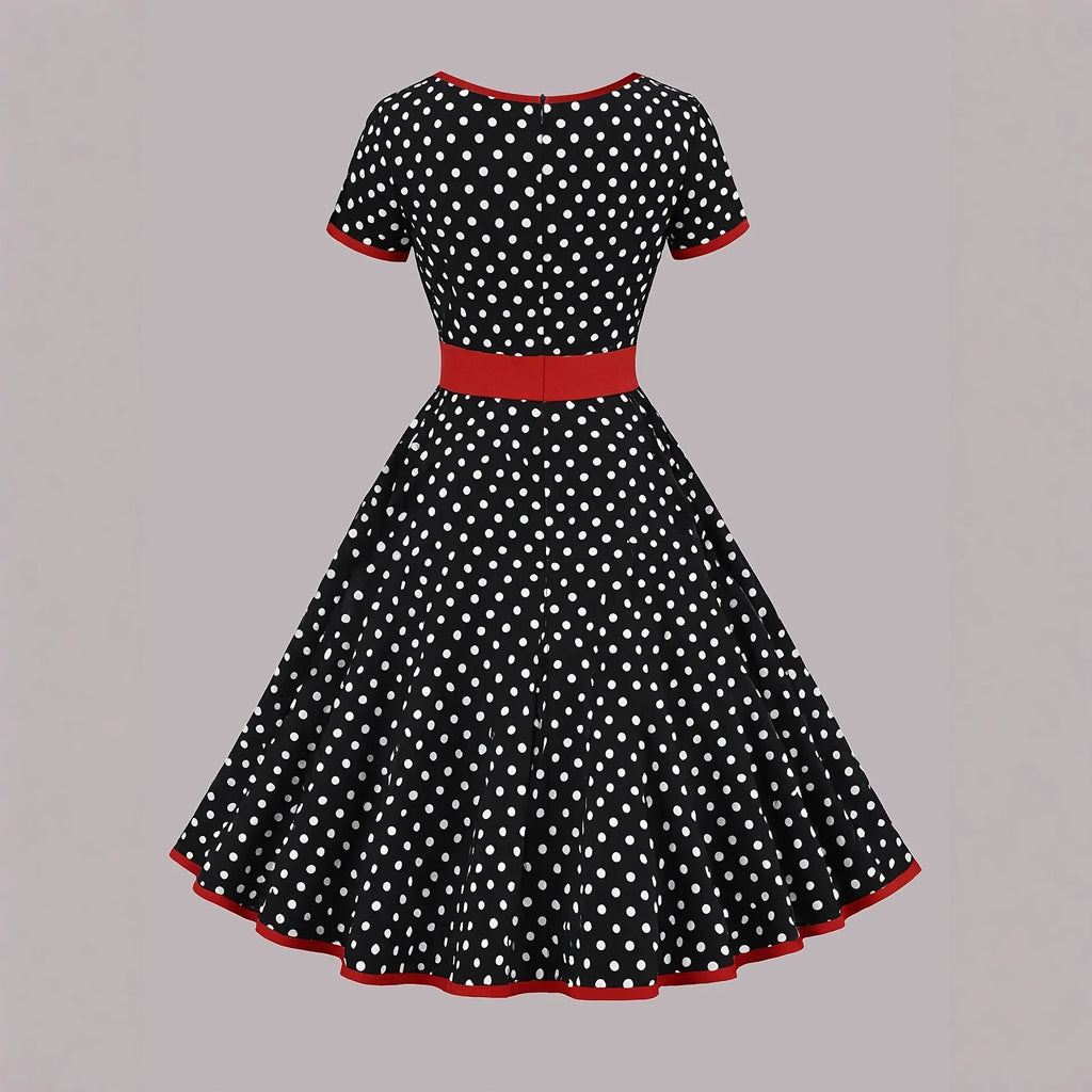 Women's polka dot pleated dress with square collar and front zipper in multicolour pattern